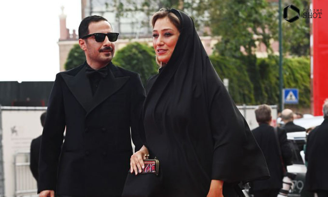 دایانا حبیبی و نوید محمدزاده در مراسم فرش قرمز فیلم شب داخلی دیوار در جشنواره ونیز 2022